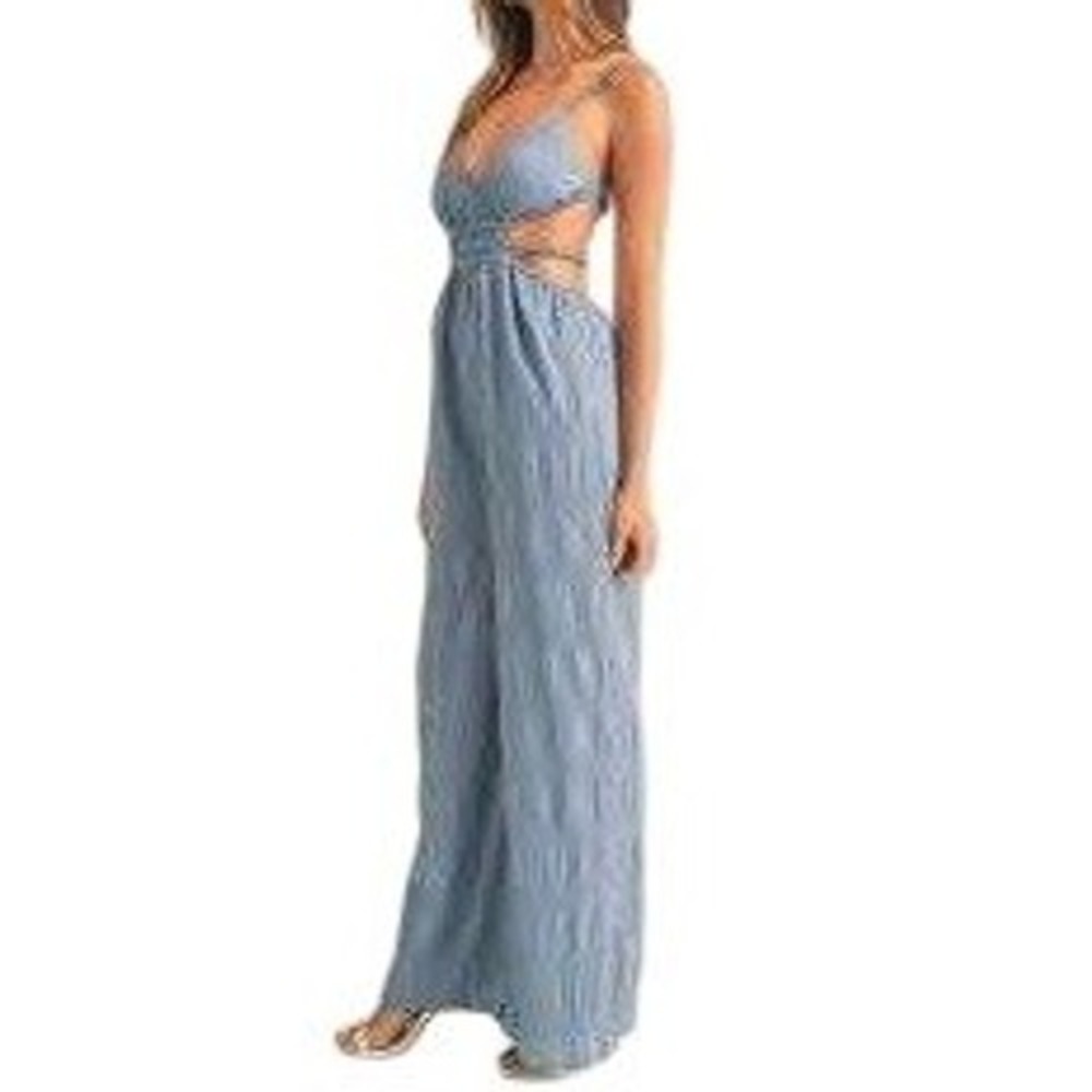 Mable Blue Cutout Wide Leg Jumpsuit Backless Smocked Resort Coastal Large